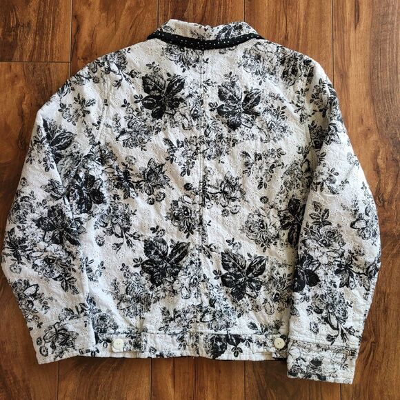 Reversible Quilted Jacket Womens Black White Floral Polka Dot Button Front Med - Picture 3 of 12